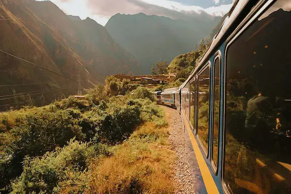 Cusco train to Machu Picchu route during the dry season with clear Andean mountain views
